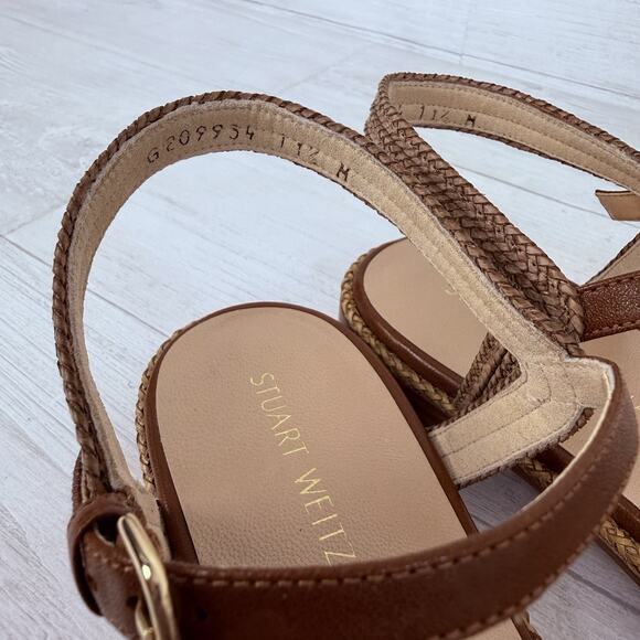 Stuart Weitzman Leather Sandals Size 11.5 Brown Twisted Ankle Strap Flat Classic - Picture 10 of 13